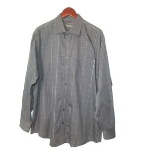 Kenneth Cole Reaction Non Iron Gray Plaid Cotton Button Up Dress Shirt 17-17 1/2